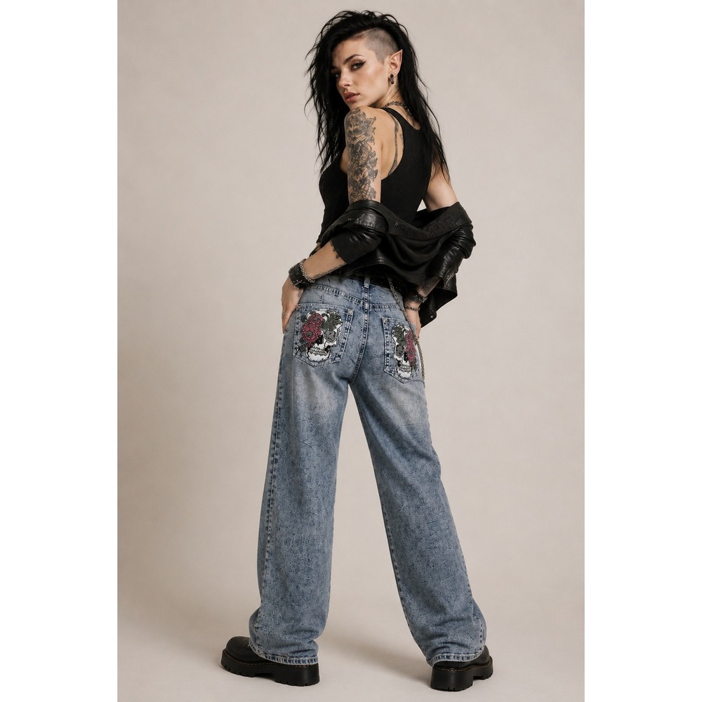 Telepatía Mid Rise Wide Leg Jeans Skull‎ embroidery Size 9/29